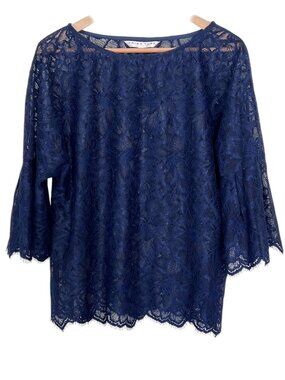 Trina Turk Floral Bell Sleeves September Lace Eyelash Top Navy Blue Size Large